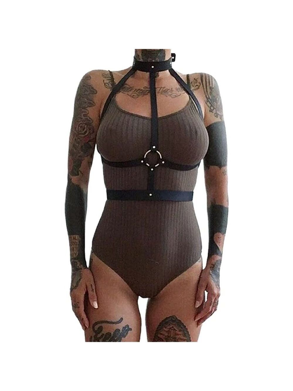 𝅺BLACK Leather Waist Shoulder Harness Bra Belt Choker Slave Fetish Bondage NWT